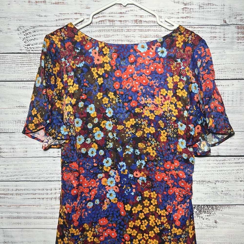 Anthropologie Ruffled Satin Mini Dress Floral Open Low Back Bow 12P - Picture 6 of 16